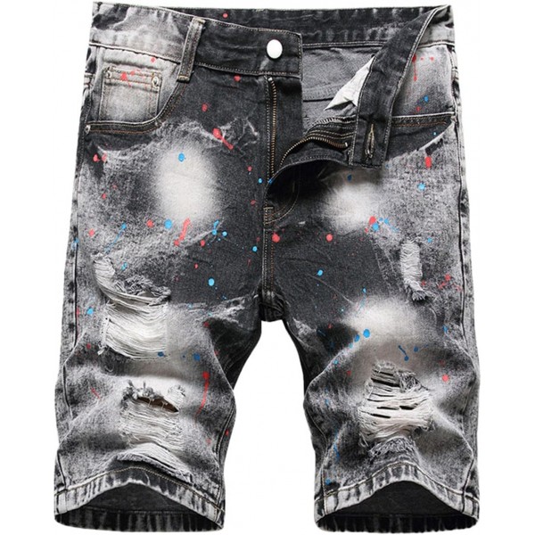  Slim Fit Distressed Denim Jean Shorts for Men Casual Ripped Summer Denim Shorts Stretch Knee Length Washed Hot Short